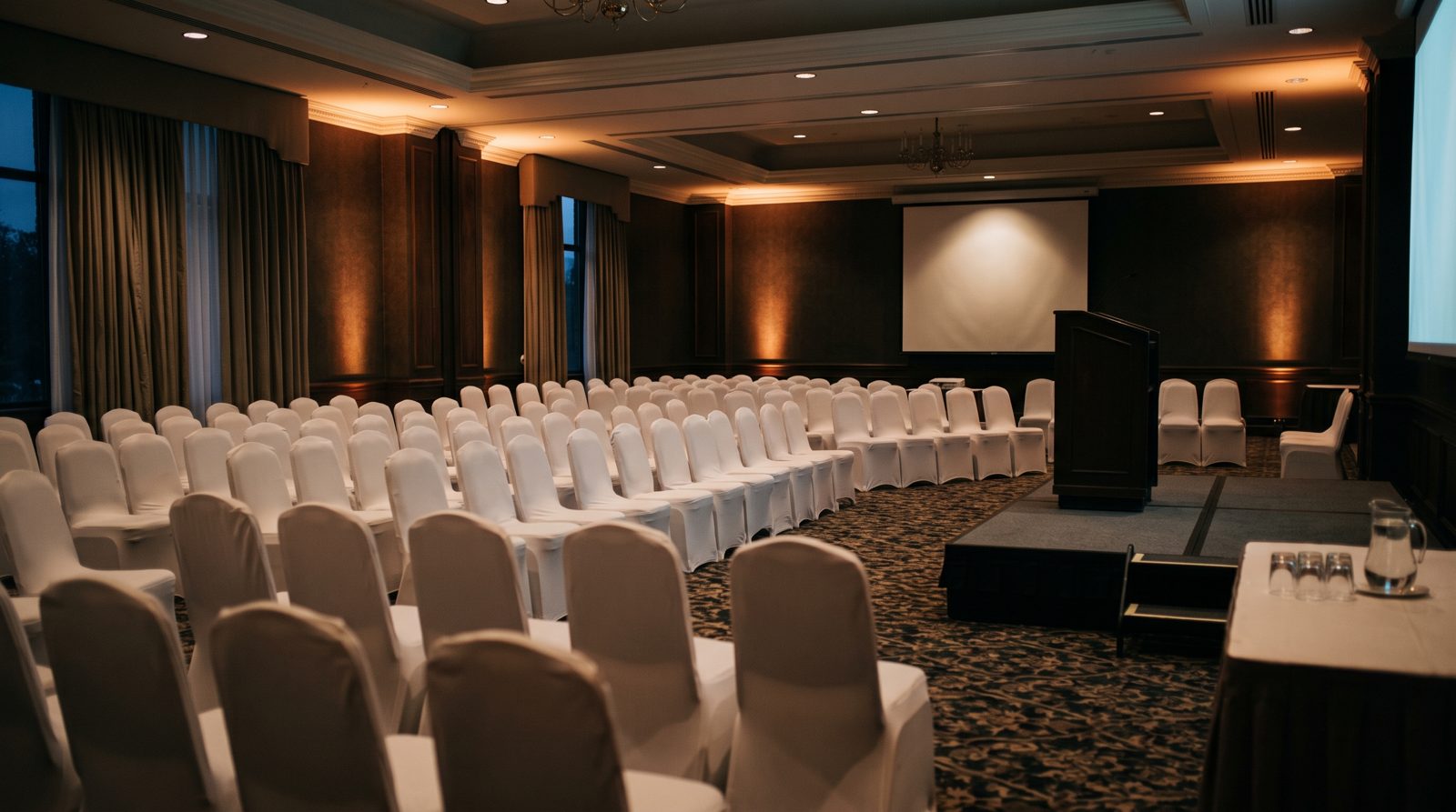 An empty hotel seminar room at night