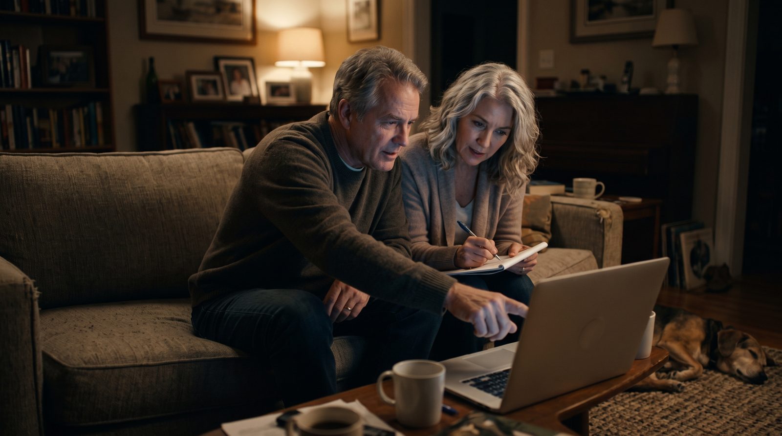 A couple on their couch leaning toward a laptop